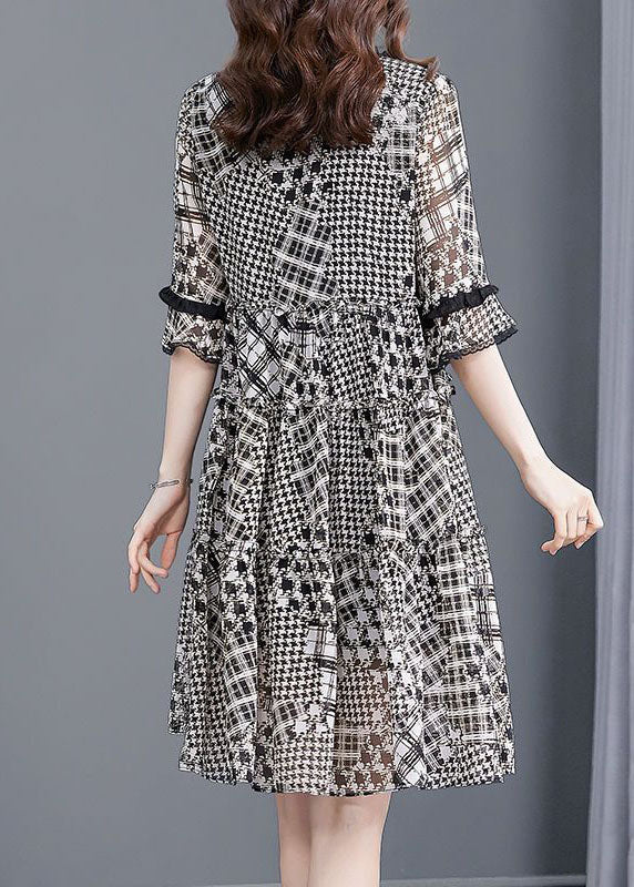 Black Ruffled Patchwork Print Exra Large Hem Chiffon Dresses Half Sleeve