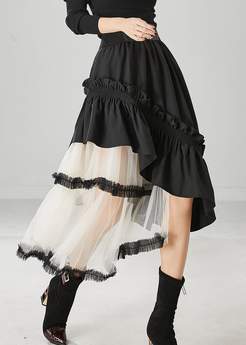 Black Ruffled Patchwork Tulle Cotton Skirt Spring