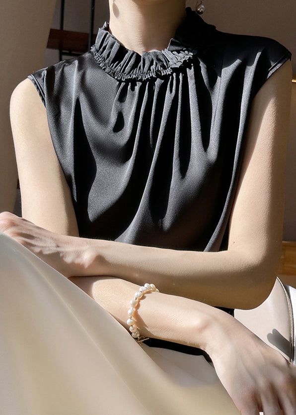 Black Ruffled Silk Tank Sleeveless