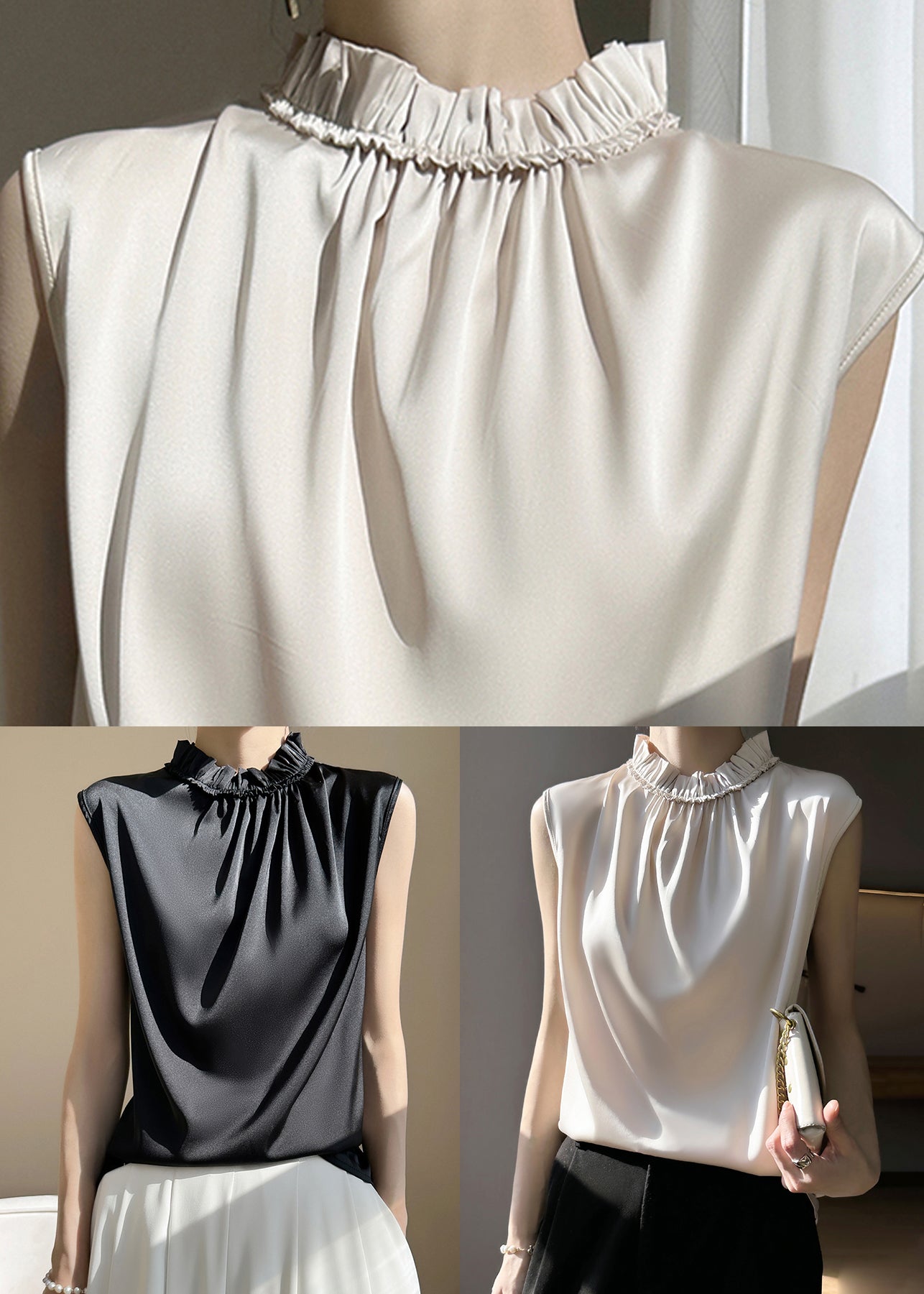 Black Ruffled Silk Tank Sleeveless