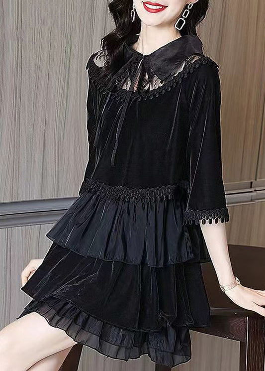Black Ruffled Tasseled Patchwork Velour Mid Dress Fall