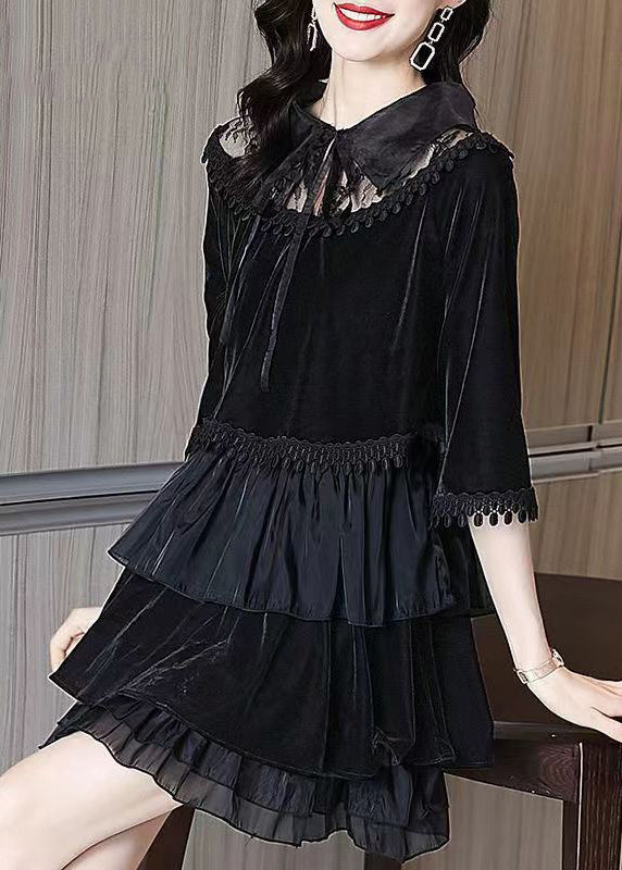 Black Ruffled Tasseled Patchwork Velour Mid Dress Fall