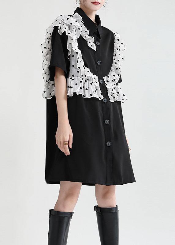 Black Ruffles Patchwork Summer Button Party Dress Short Sleeve