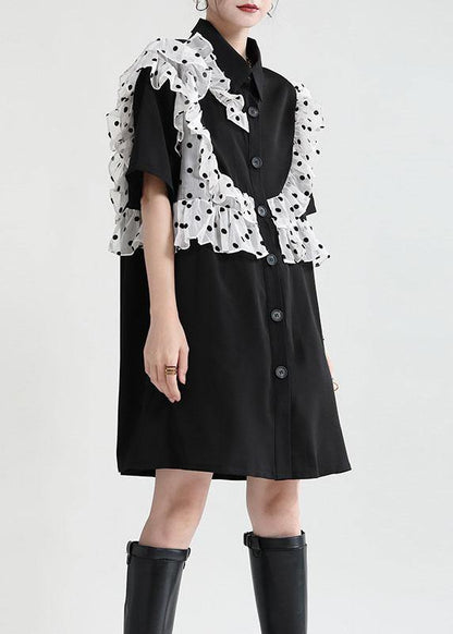 Black Ruffles Patchwork Summer Button Party Dress Short Sleeve