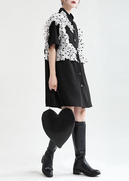Black Ruffles Patchwork Summer Button Party Dress Short Sleeve