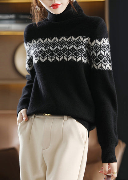 Black Turtleneck Cotton Knit Top Long Sleeve