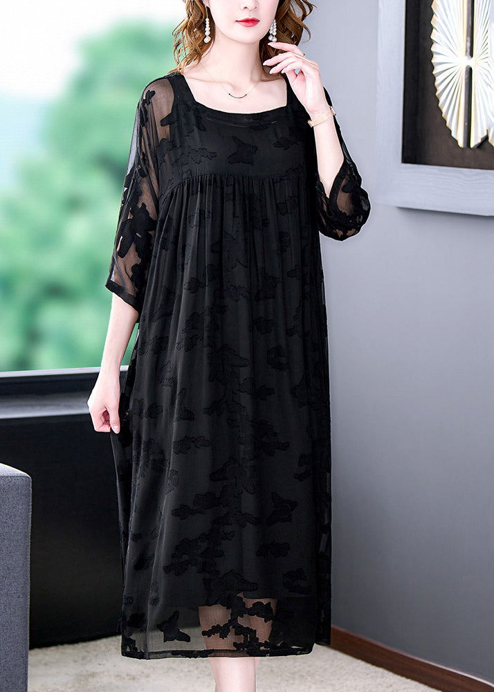 Black Square Collar Embroideried Chiffon Dress Two Pieces Set Summer