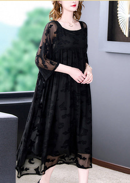 Black Square Collar Embroideried Chiffon Dress Two Pieces Set Summer