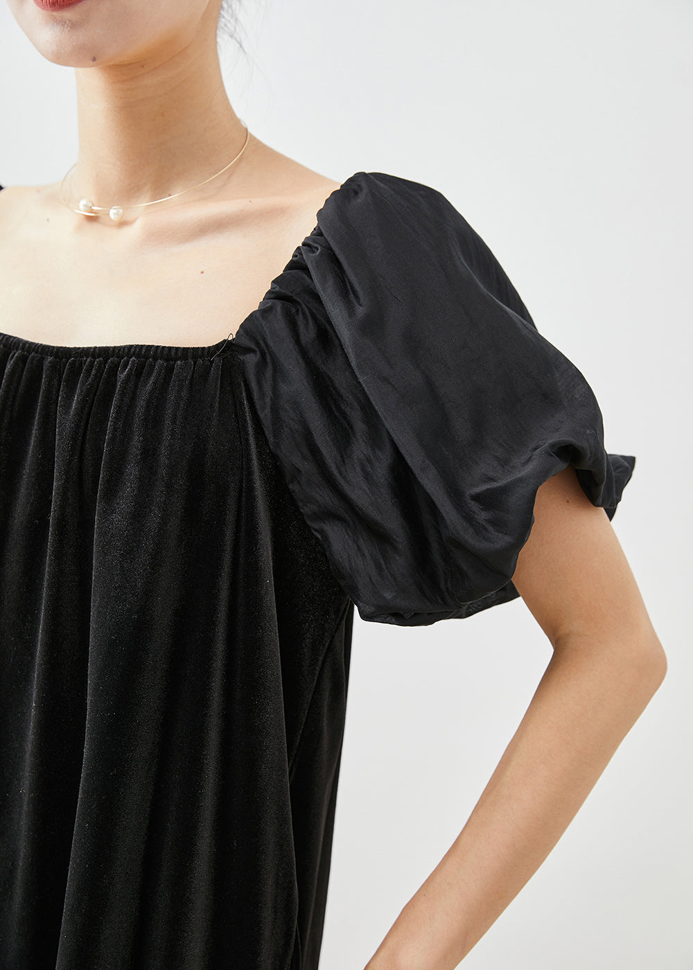 Black Square Collar Patchwork Silk Velour Maxi Dresses Summer