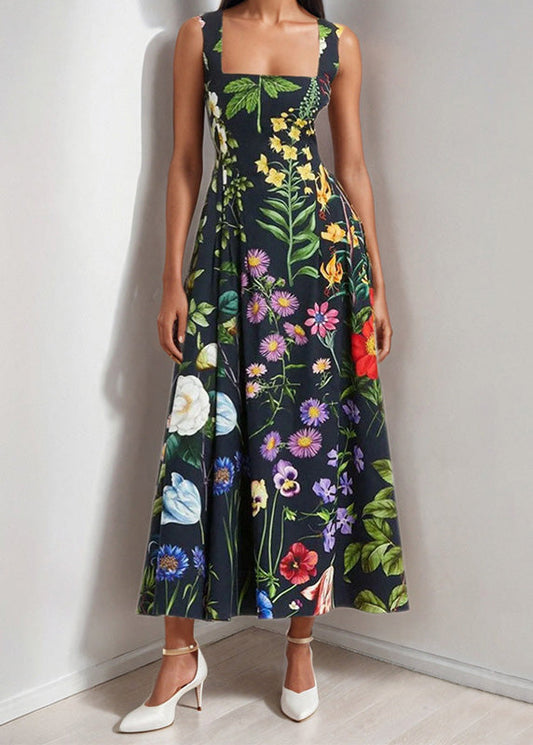 Black Square Collar Print Backless Cotton Dresses Sleeveless