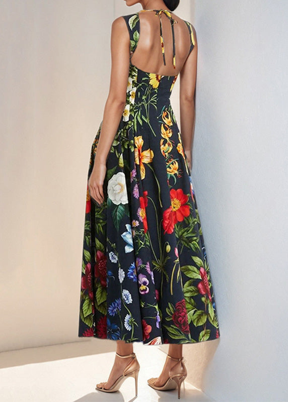 Black Square Collar Print Backless Cotton Dresses Sleeveless