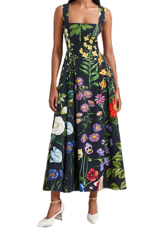 Black Square Collar Print Backless Cotton Dresses Sleeveless