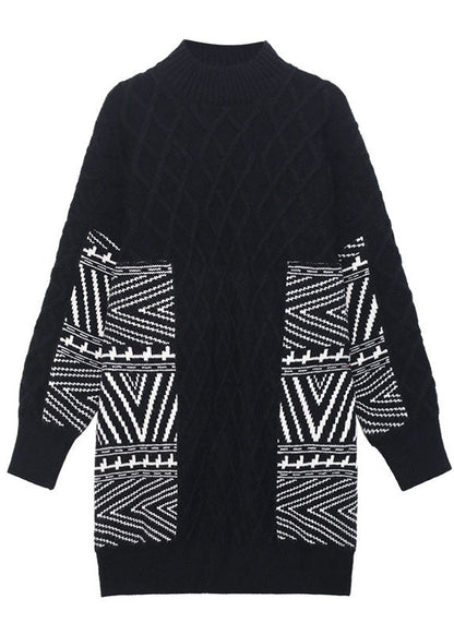 Black Stand Collar Jacquard Loose Fall Knit Sweaters
