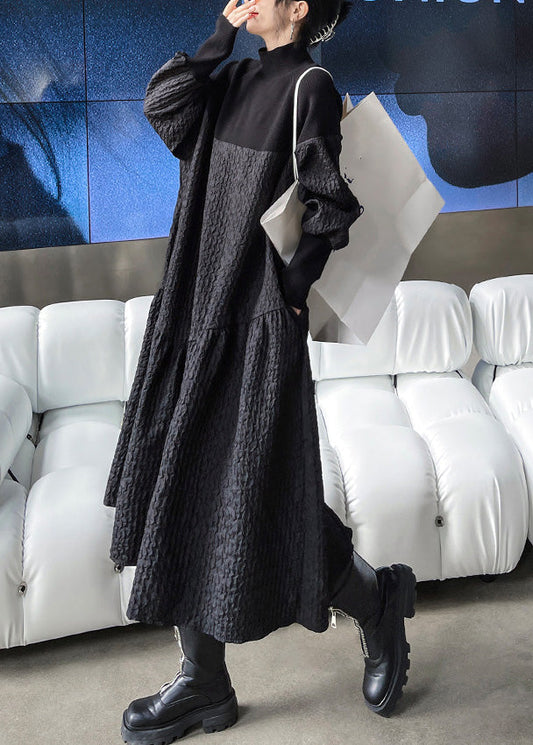 Black Stand Collar Patchwork Knit a Line Long Dresses Winter