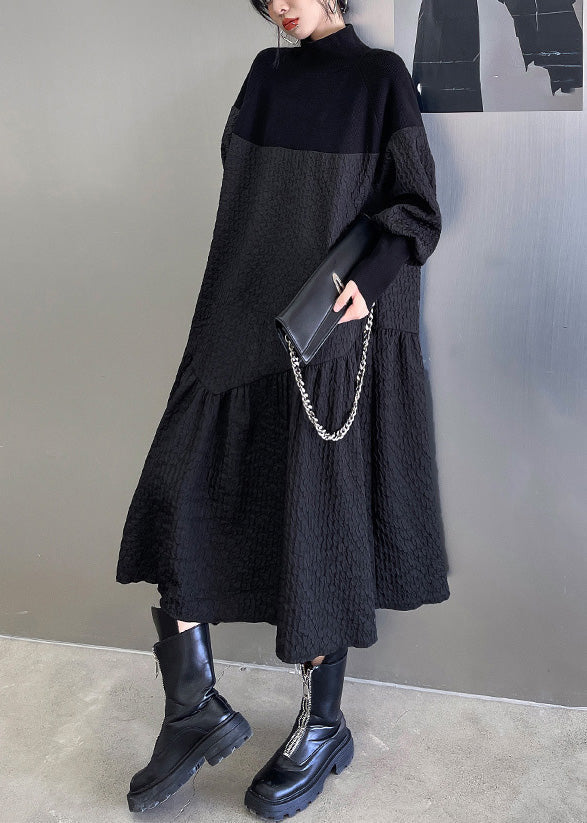 Black Stand Collar Patchwork Knit a Line Long Dresses Winter