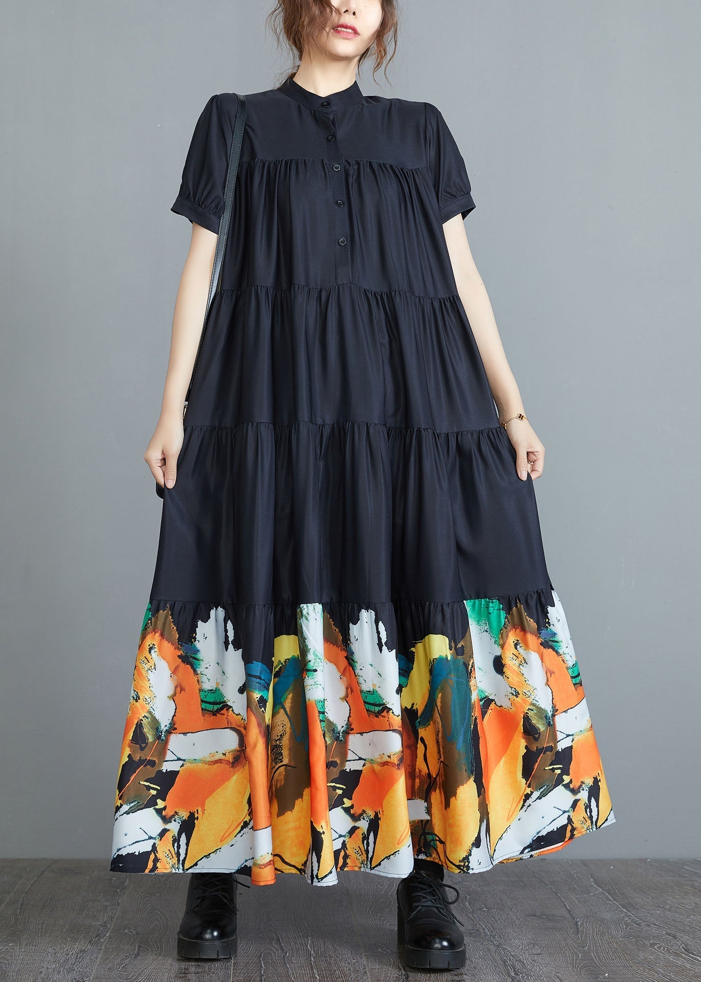 Black Stand Collar Patchwork Print Cotton Pleated Shirt Dress Short Sleeve