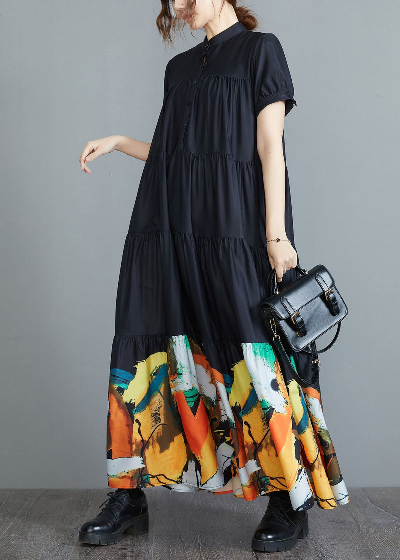 Black Stand Collar Patchwork Print Cotton Pleated Shirt Dress Short Sleeve