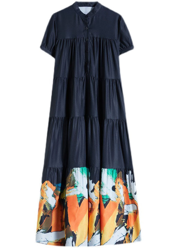 Black Stand Collar Patchwork Print Cotton Pleated Shirt Dress Short Sleeve