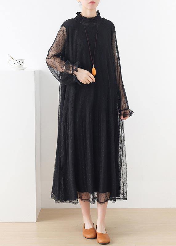 Black Stand Long Sleeve Ankle Summer Chiffon Dress
