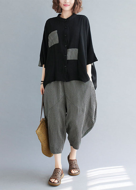 Black Striped Patchwork Stand Collar Tops and Pants Cotton Two Pieces Set Summer