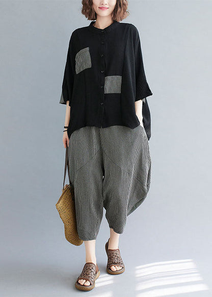 Black Striped Patchwork Stand Collar Tops and Pants Cotton Two Pieces Set Summer