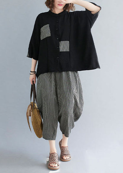 Black Striped Patchwork Stand Collar Tops and Pants Cotton Two Pieces Set Summer