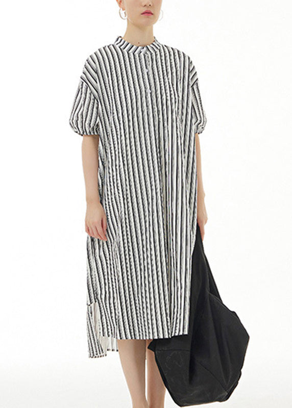 Black Striped Side Open Cotton Vacation Long Shirt Dresses Summer