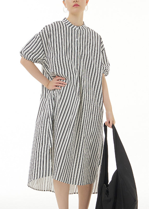 Black Striped Side Open Cotton Vacation Long Shirt Dresses Summer