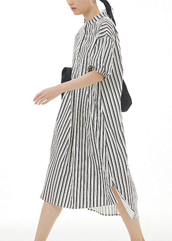 Black Striped Side Open Cotton Vacation Long Shirt Dresses Summer