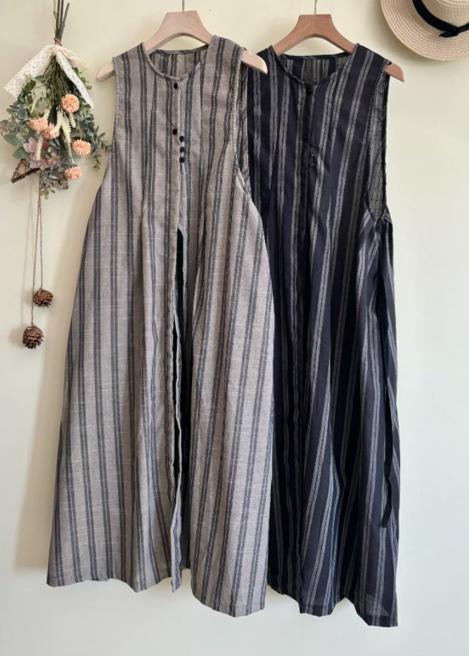 Black Striped Tie Waist Long Vest Dress Summer