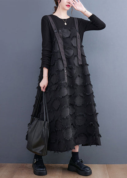 Black Tasseled Cotton Holiday Strap Dress Summer
