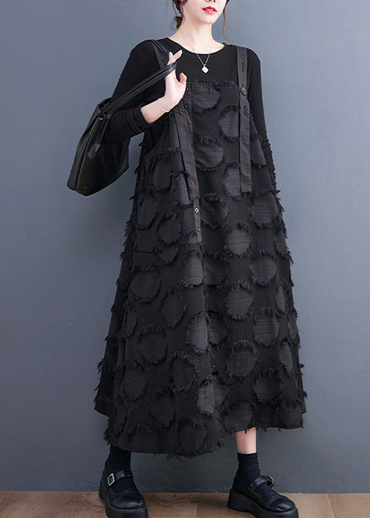 Black Tasseled Cotton Holiday Strap Dress Summer