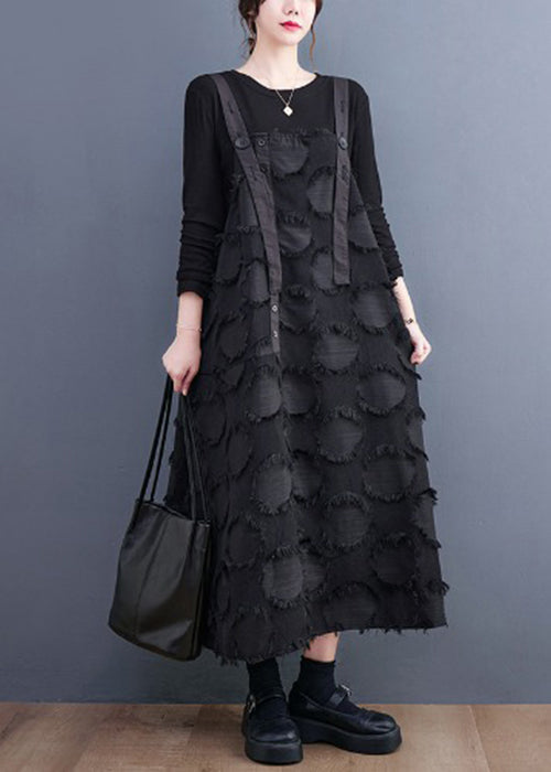 Black Tasseled Cotton Holiday Strap Dress Summer