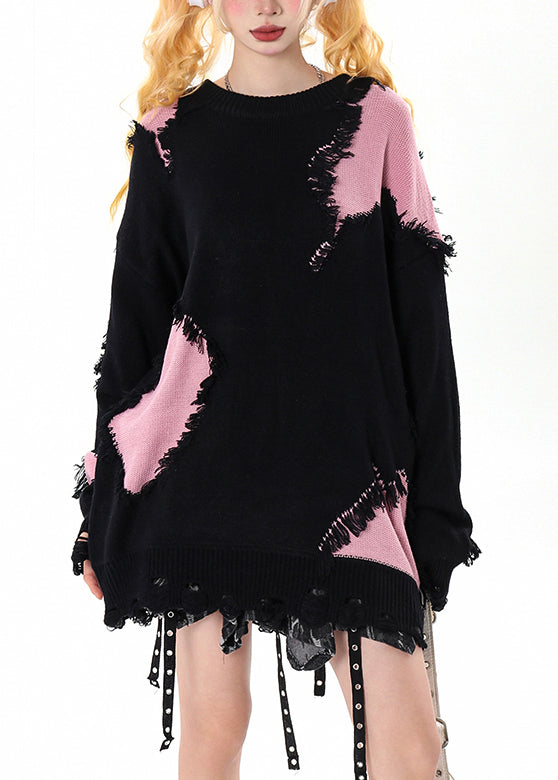 Black Tasseled Patchwork Hole Cozy Sweater Winter