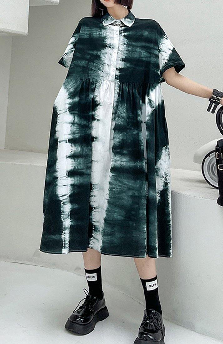 Black Tie Dye Cotton Turn-down Collar Summer Long Dresses