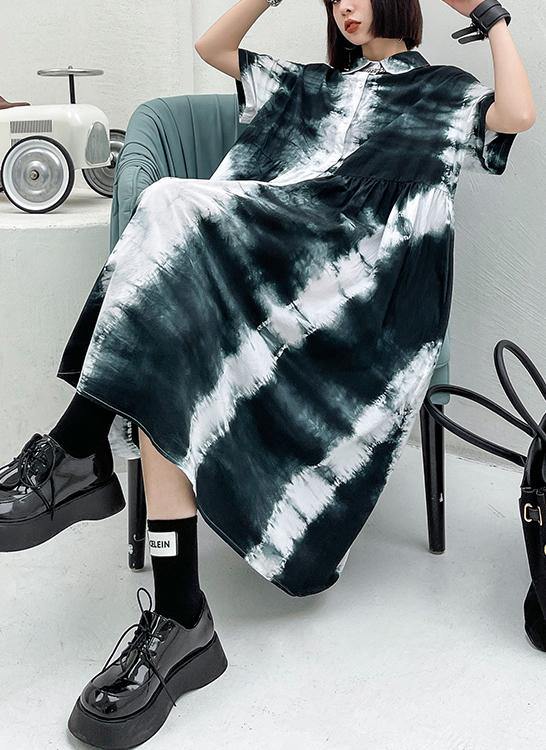 Black Tie Dye Cotton Turn-down Collar Summer Long Dresses