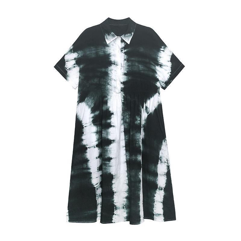 Black Tie Dye Cotton Turn-down Collar Summer Long Dresses