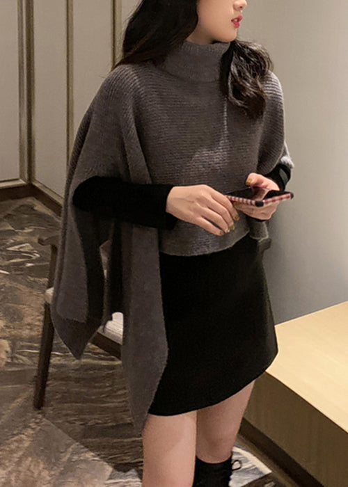 Black Turtleneck Asymmetrical Knit Cape Sweaters Spring