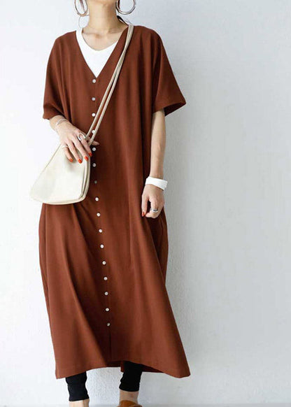 Black V Neck Button Maxi Dress Short Sleeve