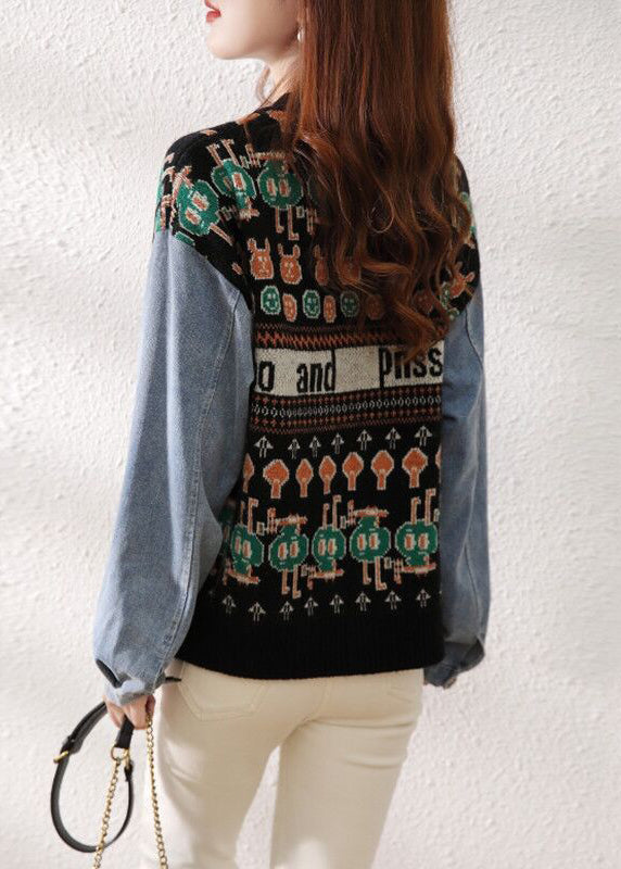 Black V Neck Button Patchwork Knit Sweaters Cardigan Fall