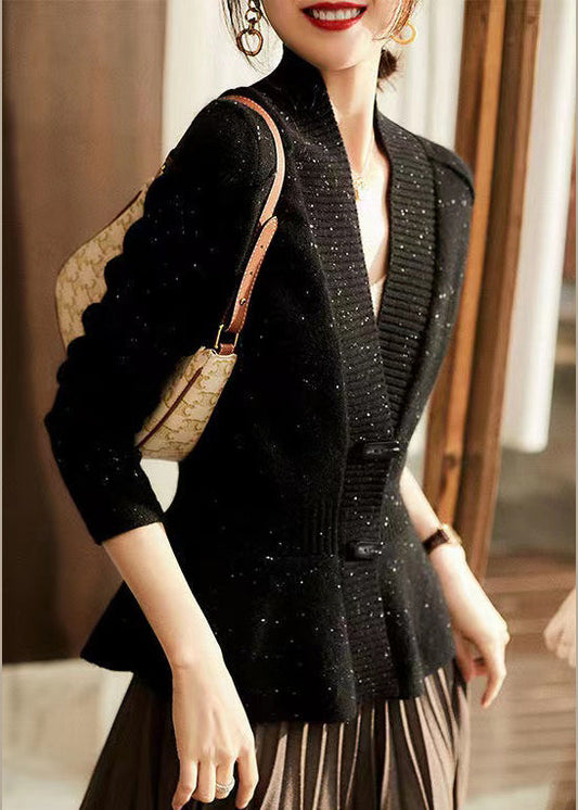 Black V Neck Dot Button Thick Cashmere Sweater Long Sleeve