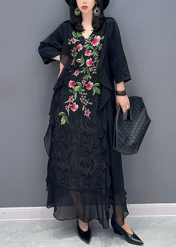 Black V Neck Embroideried Patchwork Chiffon Long Dress Summer