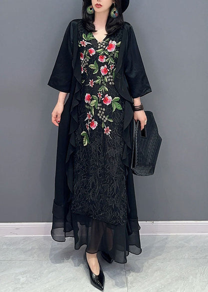 Black V Neck Embroideried Patchwork Chiffon Long Dress Summer