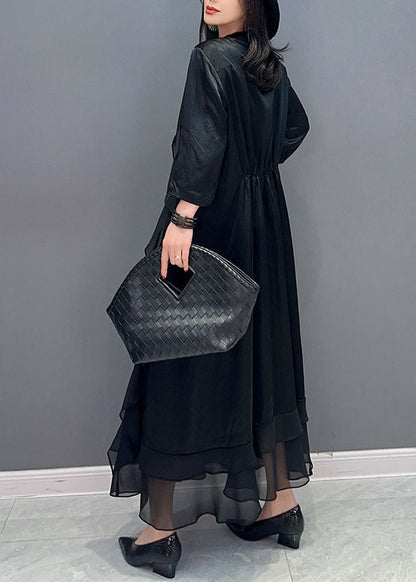 Black V Neck Embroideried Patchwork Chiffon Long Dress Summer
