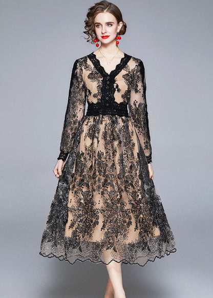 Black V Neck Embroideried Patchwork Tulle Dresses Long Sleeve