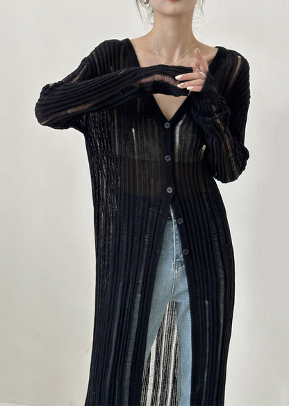 Black V Neck Hollow Out Ice Silk Knit Cardigan Spring