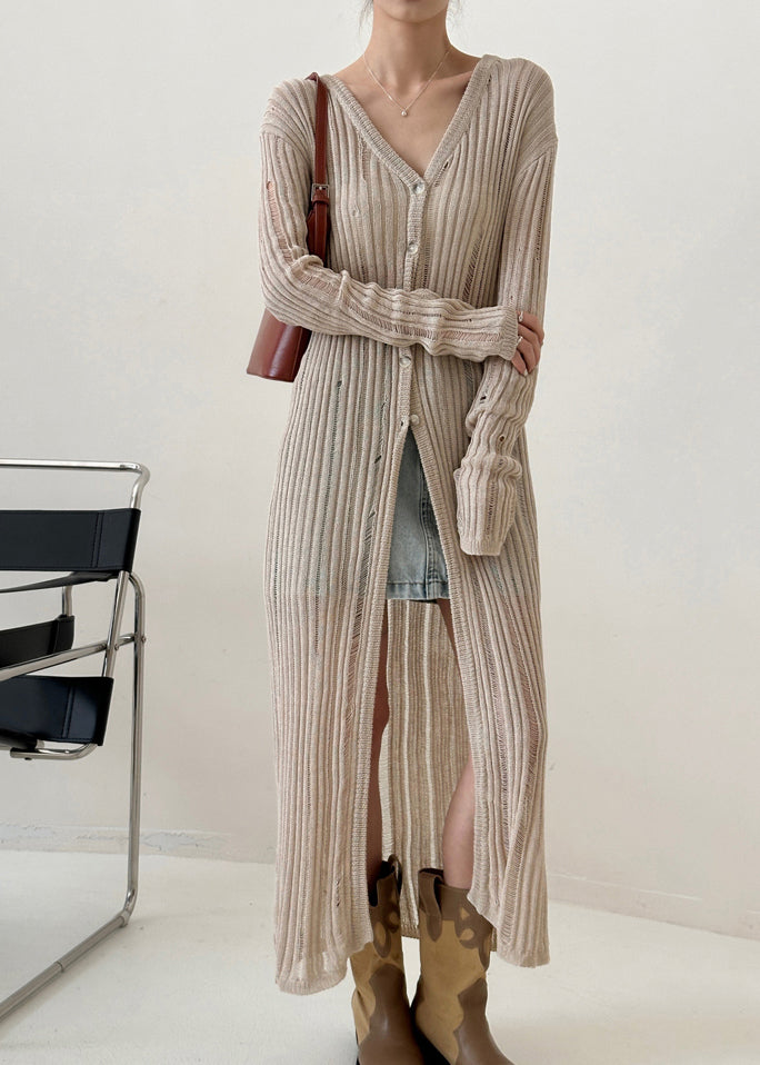 Black V Neck Hollow Out Ice Silk Knit Cardigan Spring
