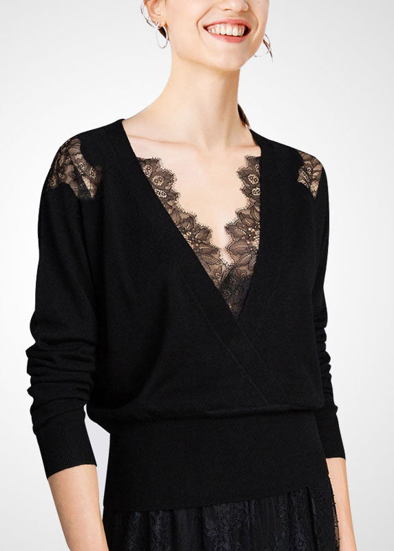 Black V Neck Lace Patchwork Hollow Out Wool Knitted Tops Winter