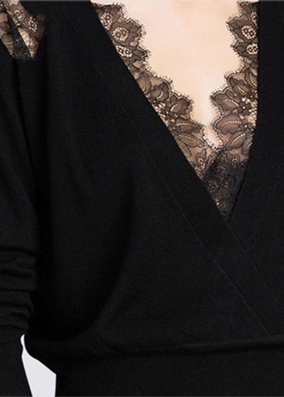 Black V Neck Lace Patchwork Hollow Out Wool Knitted Tops Winter