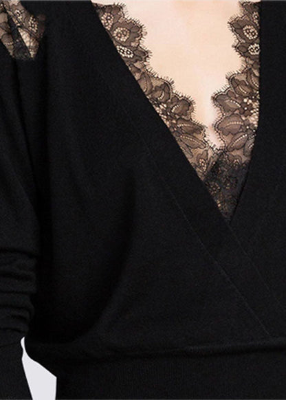 Black V Neck Lace Patchwork Hollow Out Wool Knitted Tops Winter